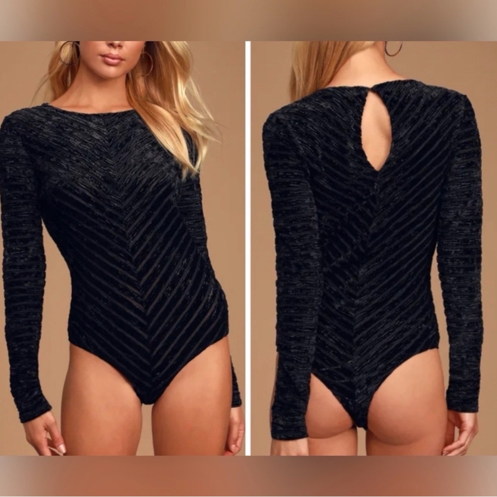 Lulus Save the Date Black Velvet Striped Long Sleeve Bodysuit Small Goth Witchy